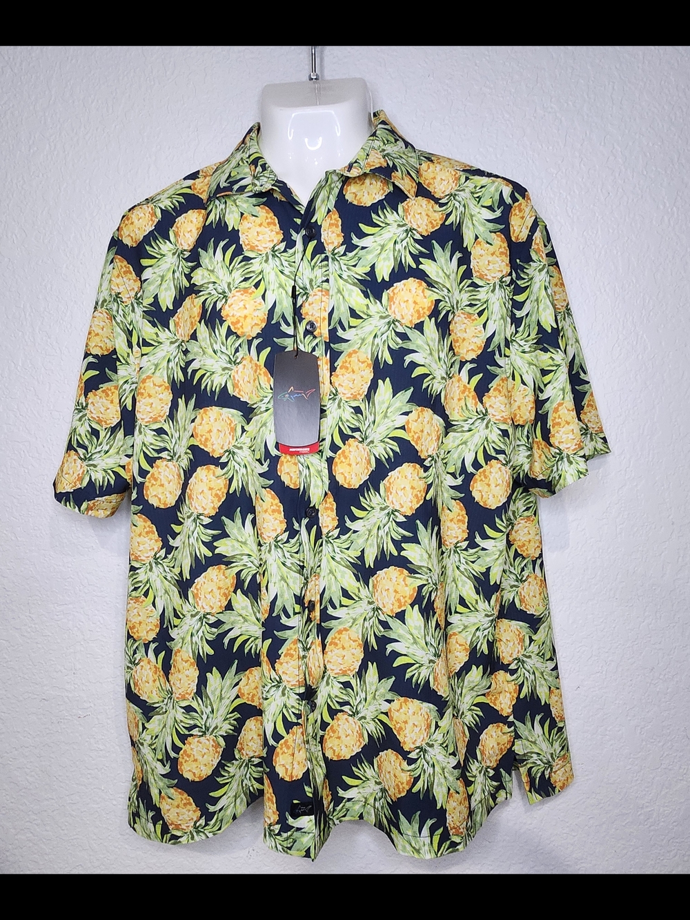 Greg Norman Collection Pineapple Print Button-Down Shirt - Navy, Yellow & Green